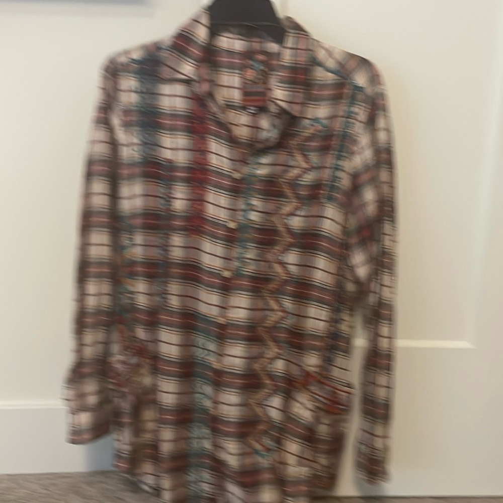 Johnny Was Plaid Button-Down Shirt in Cream, Brown, Blue and Rust